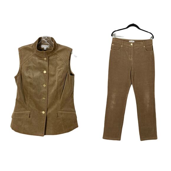 ST.JOHN SPORT Pants Vest Set-2Pc S Brown Corduroy Gold-Logo&Hardware Straight